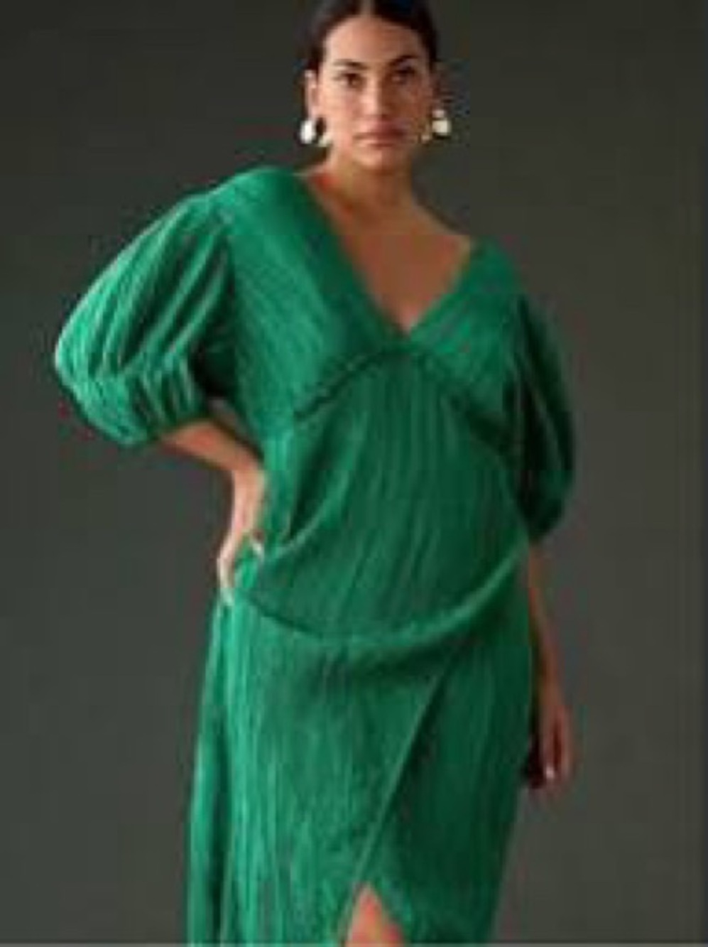Anthropologie Green V-Neck Puff Sleeve Midi Dress 1X